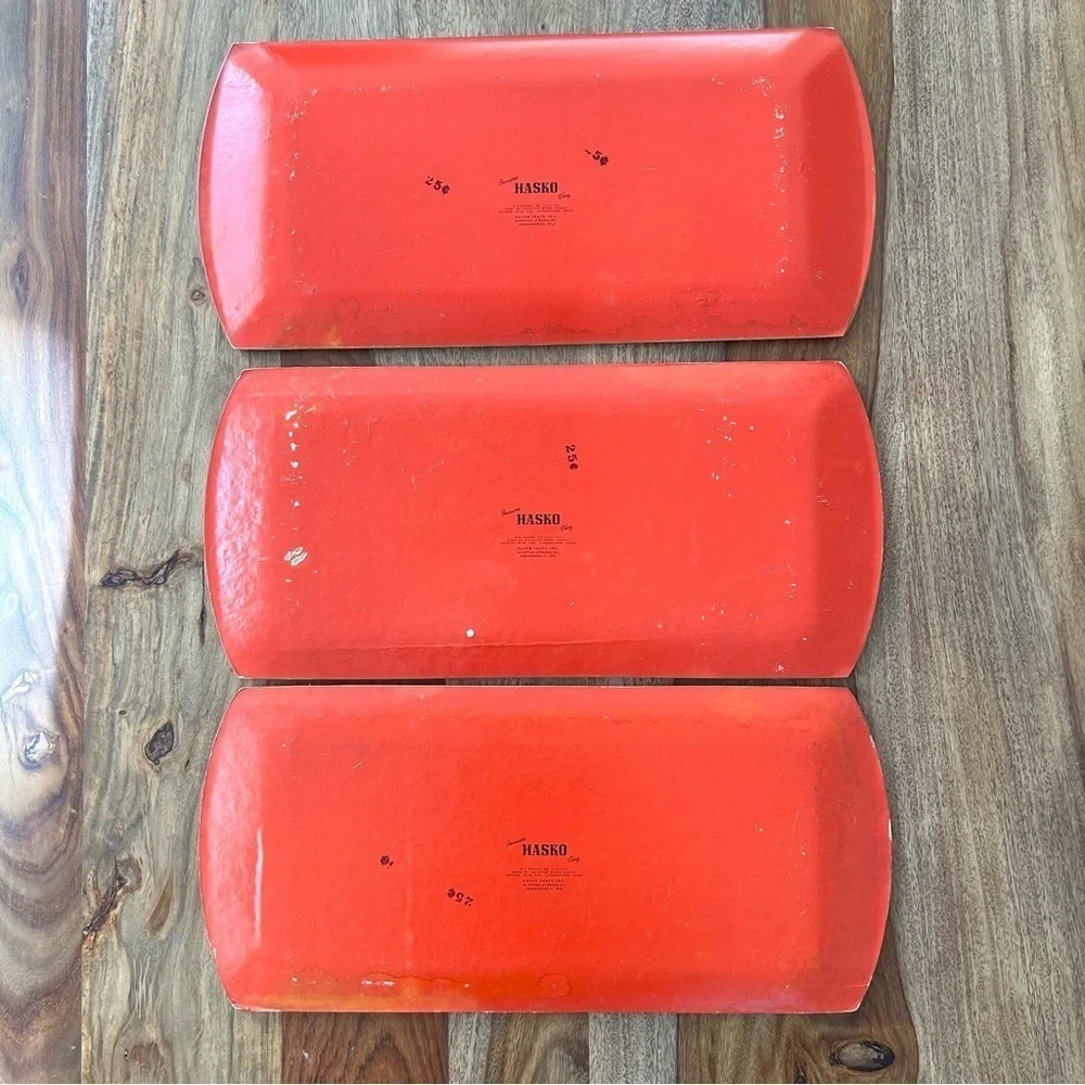 Vintage Hasko wood veneer lap trays red Asian scene MCM 50s set of 3